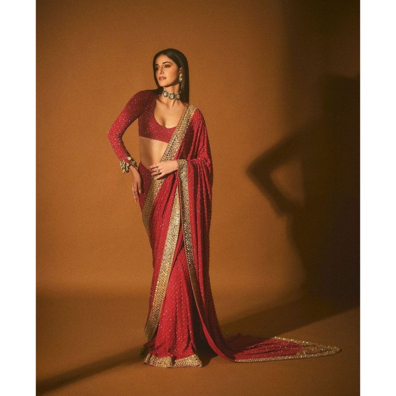 Ananya Pandey Inspired Red Designer Saree For Women, Indian Wedding Party Wear Saree, Karvachauth Saree, Ready To Wear  - INSPIRED