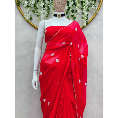 Red Saree With Heart Shaped Design For Women, Indian Wedding Party Wear Saree, Ready To Wear Pre Stitched Saree  - INSPIRED