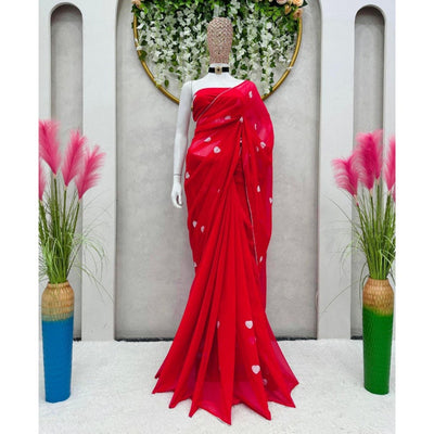 Red Saree With Heart Shaped Design For Women, Indian Wedding Party Wear Saree, Ready To Wear Pre Stitched Saree  - INSPIRED