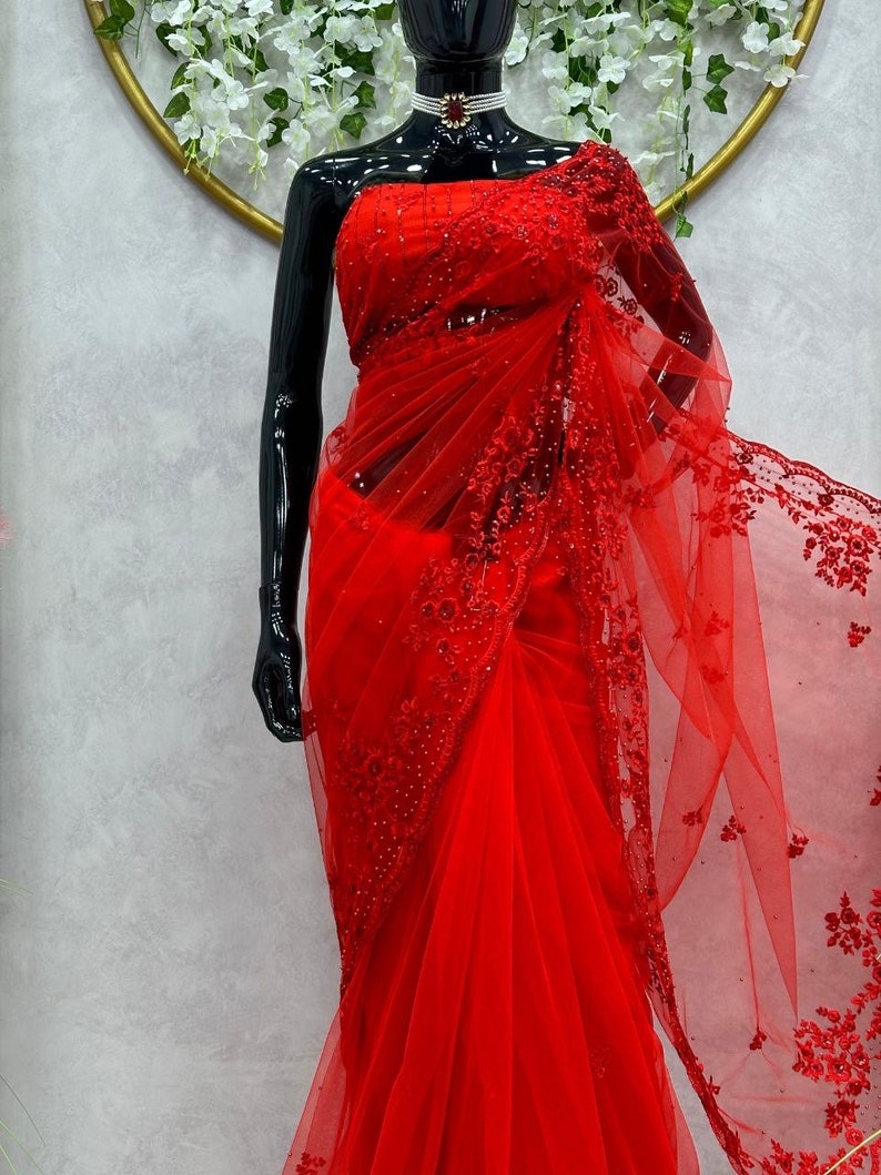 Elegant Karvachauth Special Red Net Saree For Women, Indian Traditional Wear Saree