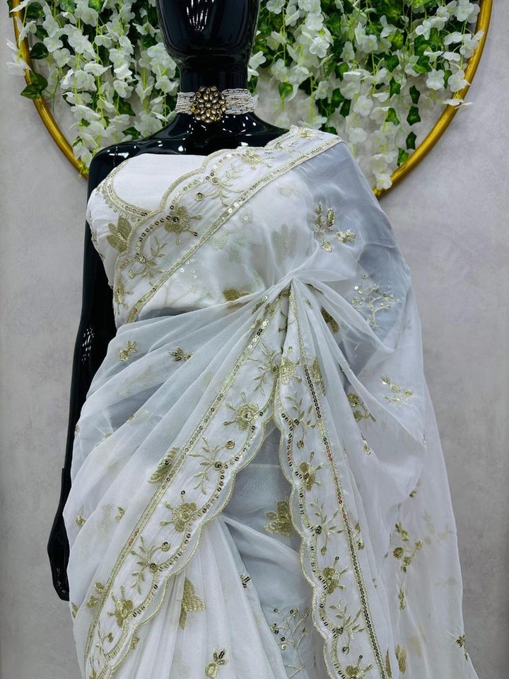 Alia Bhatt Inspired Off White Organza Silk Saree With Embroidery Work, Designer Saree, Bollywood Ready To Wear Saree - INSPIRED