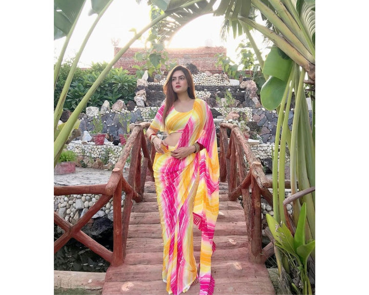 Yellow Pink Printed Ready To Wear Saree For Women, Indian Wedding Mehendi Haldi Bridesmaids Party Wear, Saree With Stitched Blouse  - INSPIRED