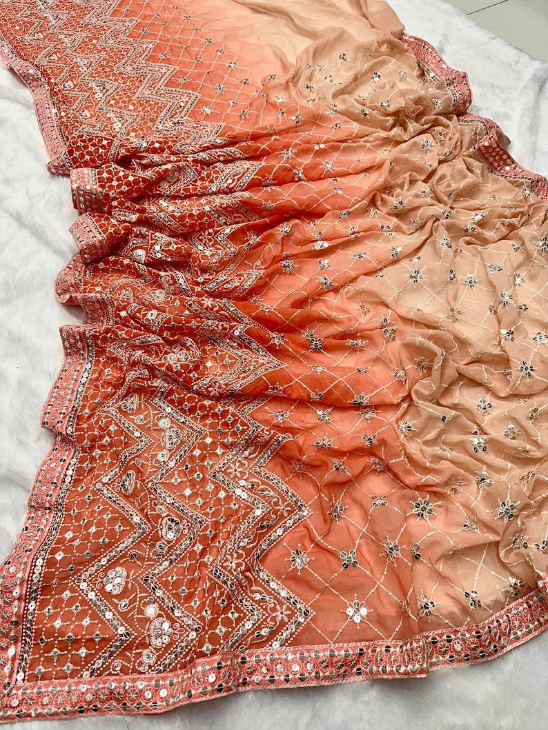 Orange Ombre Saree With Heavy Embroidery And Sequins Work, Designer Indian Saree, Indian Wedding Wear, Indian Clothes  - INSPIRED