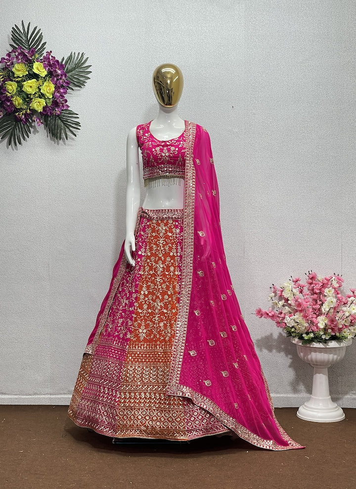 Indian Designer Pink-Orange Lehenga Choli with Intricate Embroidery and Sequins Work for Wedding and Party Wear