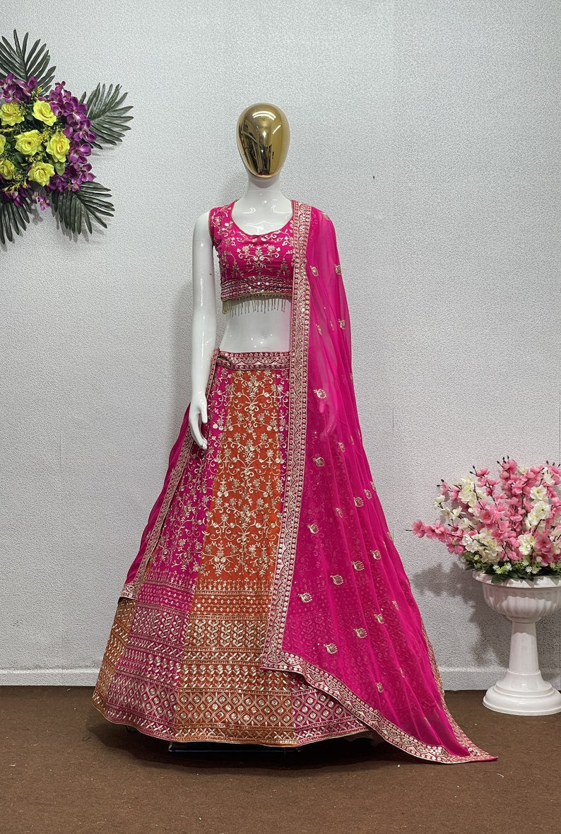  Beautifully crafted Indian Ethnic Lehenga Choli in Pink and Orange for Girls