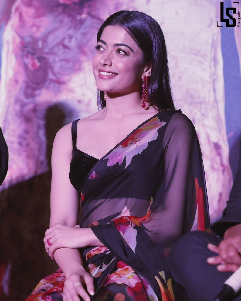 Rashmika Inspired Floral Georgette Saree, Bollywood Ready To Wear Saree, Indian Sarees For Women, Ready To Wear Saree  - INSPIRED