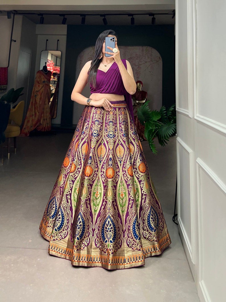 IndianDesigner Navy Blue-Purple Banarasi Silk Lehenga Choli With Zari Weaving Work - Inspired