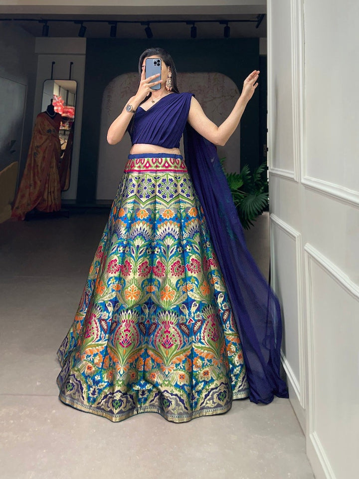 Elegant IndianDesigner Navy Blue-Purple Banarasi Silk Lehenga Choli with intricate Zari Weaving Work