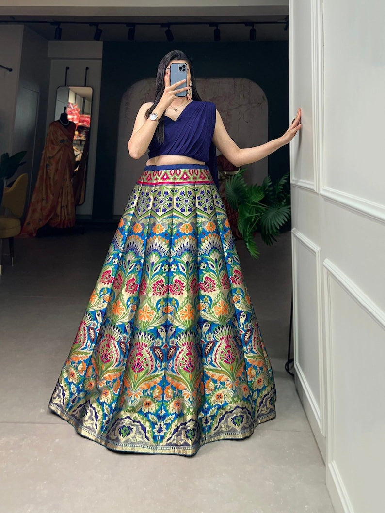 Stunning IndianDesigner Navy Blue-Purple Banarasi Silk Lehenga Choli With Zari Weaving Work - Inspired