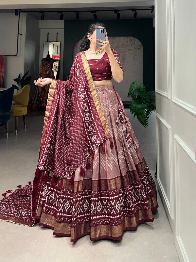 Traditional chaniya choli for girls with Indian Tussar Silk Print