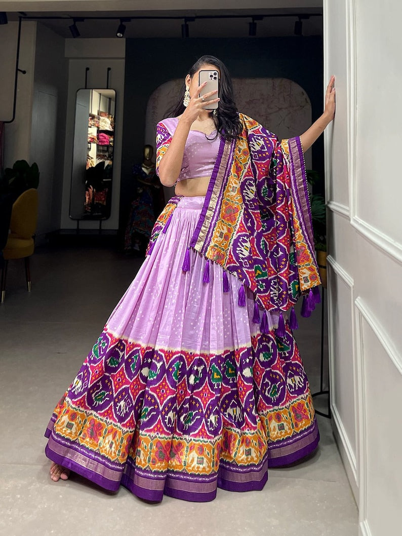 Exquisite Indian Tussar Silk Patola Lehenga choli with beautiful patola print and foil work, a stunning choice for traditional Indian attire