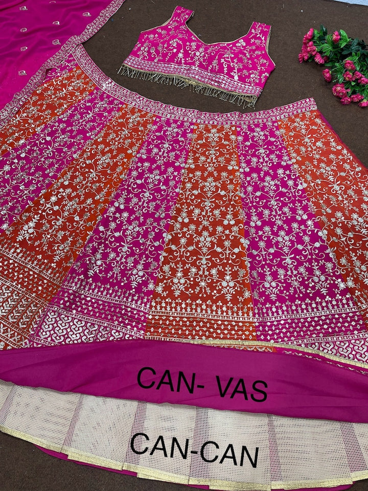  Exquisite Sequins and Embroidery Work on Pink-Orange Lehenga Choli for Indian Inspired Look