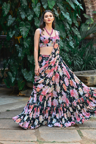 Floral Printed Designer Saree For Women, Skirt Style Saree, Lehenga Saree, Indian Wedding Mehendi Reception Party Wear Saree  - INSPIRED