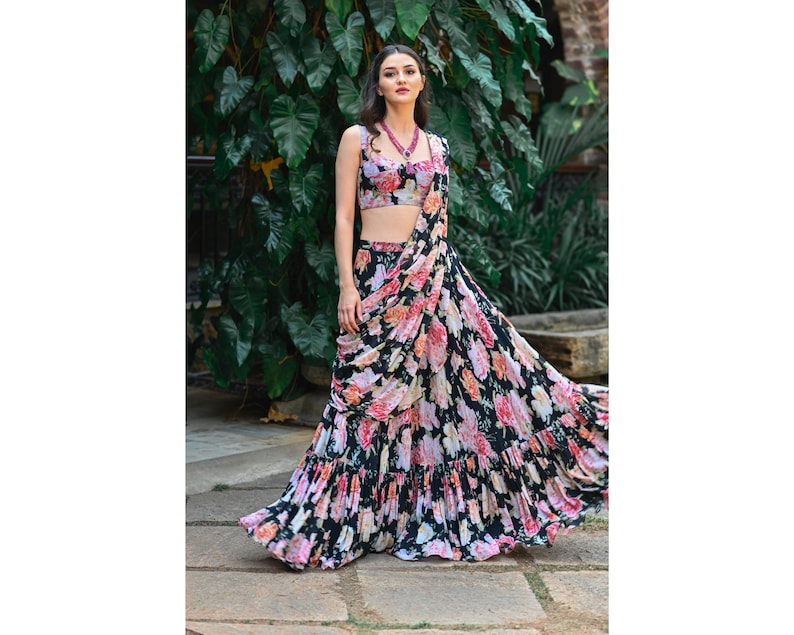 Floral Printed Designer Saree For Women, Skirt Style Saree, Lehenga Saree, Indian Wedding Mehendi Reception Party Wear Saree  - INSPIRED