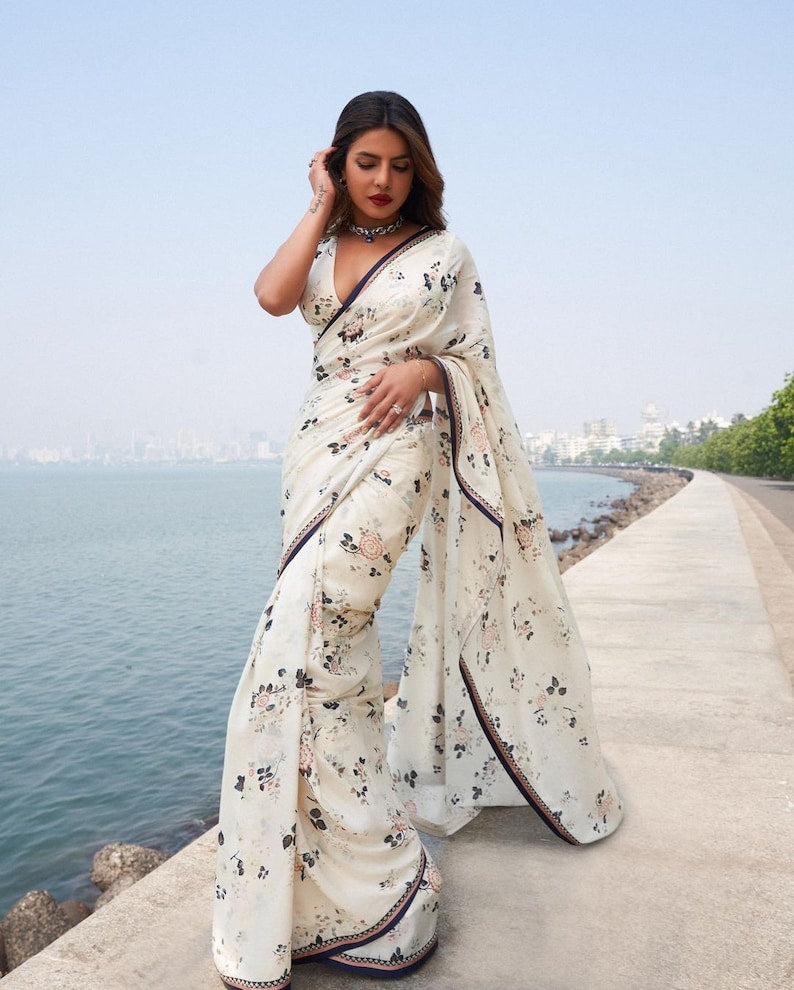 Priyanka Chopra Inspired White Floral Saree, Sabyasachi Saree, Bollywood Saree Saree, Ready To Wear Saree, Viral Saree  - INSPIRED