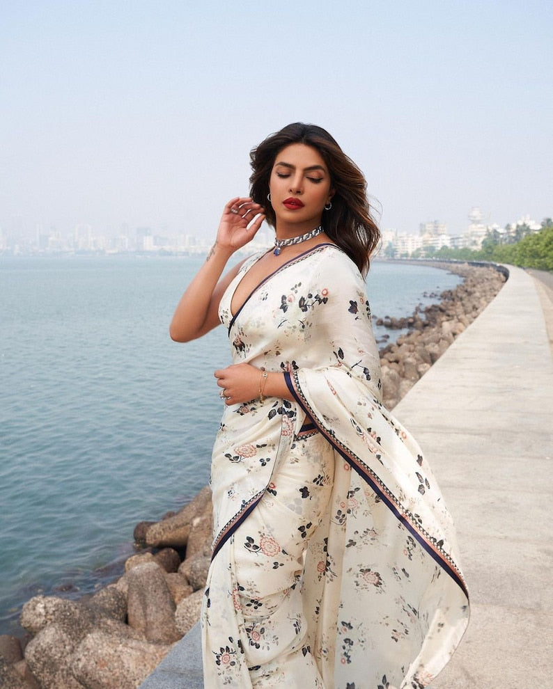 Priyanka Chopra Inspired White Floral Saree, Sabyasachi Saree, Bollywood Saree Saree, Ready To Wear Saree, Viral Saree  - INSPIRED