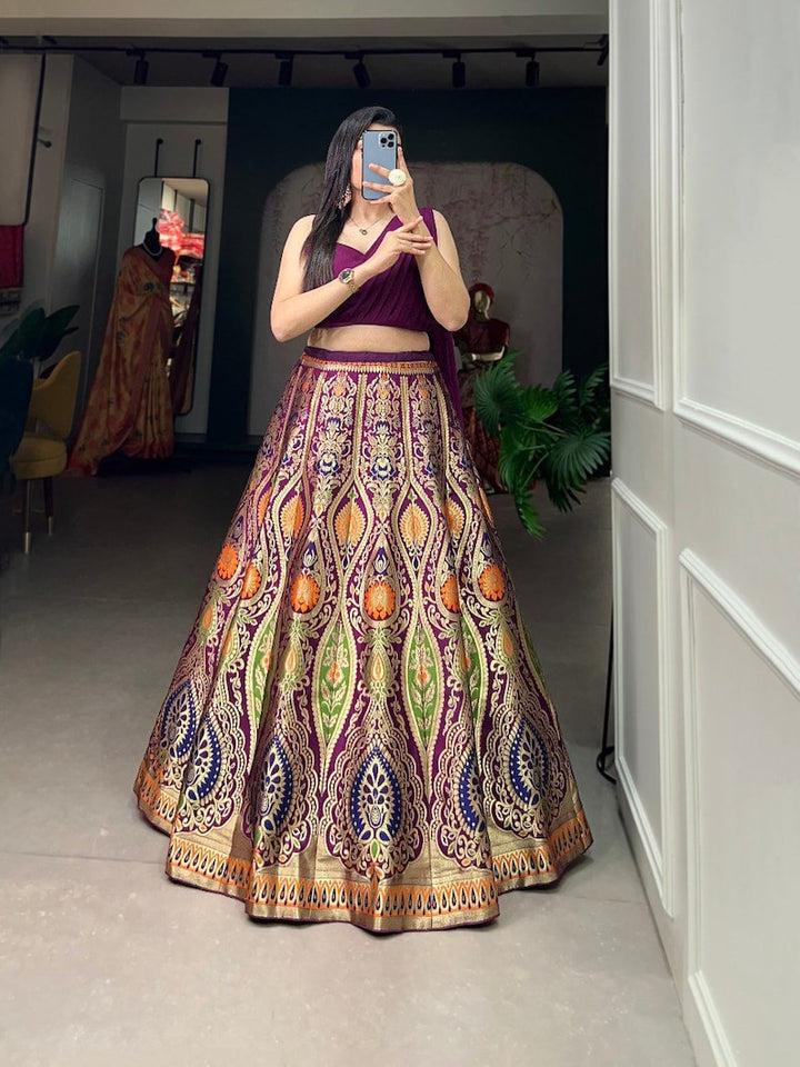 IndianDesigner Navy Blue-Purple Banarasi Silk Lehenga Choli With Zari Weaving Work - Inspired