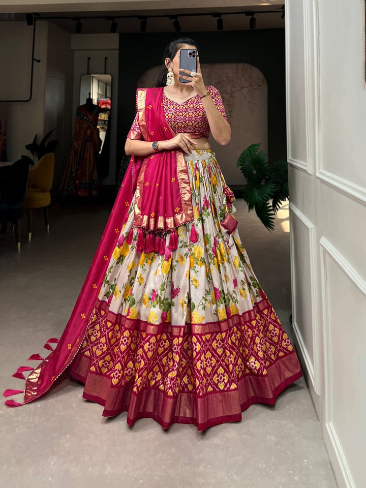 Beautiful Indian Tussar Silk Patola Lehenga choli with intricate detailing and vibrant colors, perfect for weddings and special events