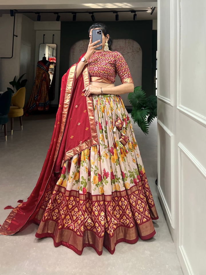 Beautiful Indian Tussar Silk Patola Lehenga choli with intricate embroidery and traditional design for girls, perfect for weddings and bridesmaids