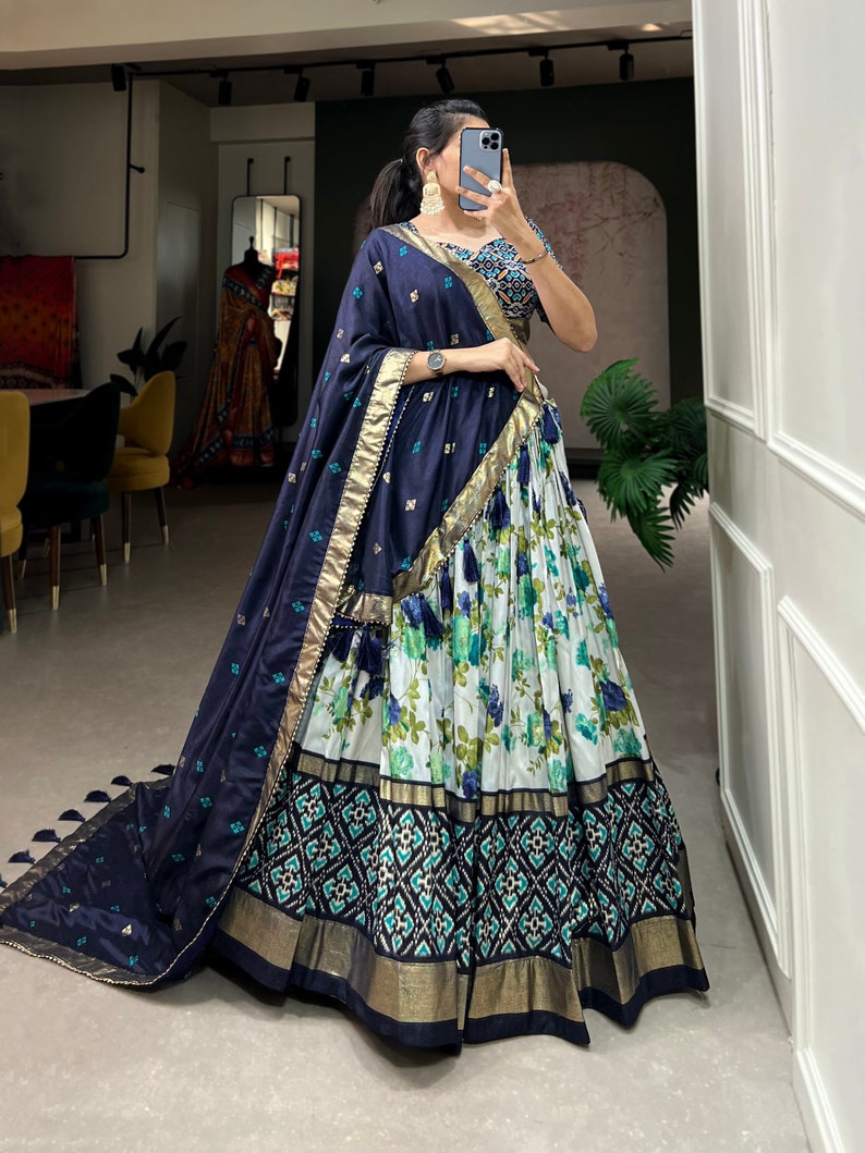 Beautiful Indian Tussar Silk Patola Lehenga choli with chaniya choli for girls, ready-made bridesmaids outfit, perfect for weddings and inspired by traditional Indian fashion