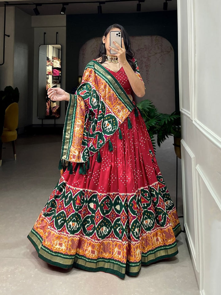 Indian Tussar Silk Patola Lehenga choli with patola print foil work for bridesmaids