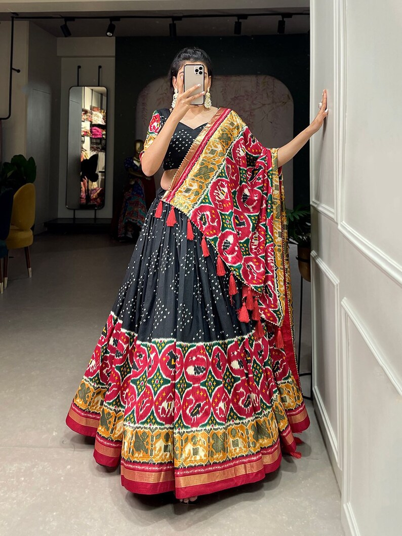 Ready-made Indian Tussar Silk Patola Lehenga choli with patola print