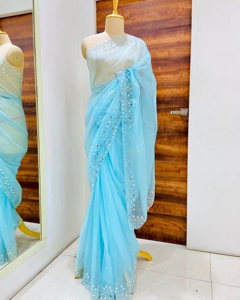 Beautiful Organza Saree With Mirror Work And Balloon Sleeves Blouse, Indian Wedding Mehendi Sangeet Bridesmaids Party Wear Saree  - INSPIRED