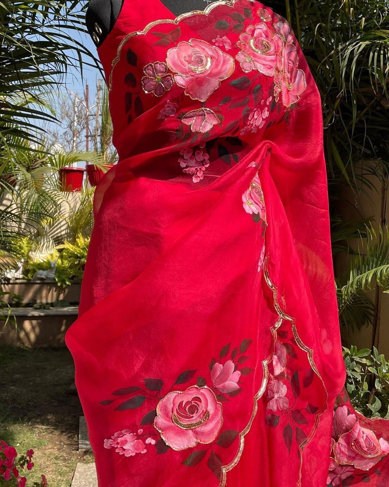 Designer Red Saree With Floral Print And Embroidery Work, Indian Wedding Mehendi Sangeet Bridesmaids Party Wear Saree, Ready To Wear Saree  - INSPIRED