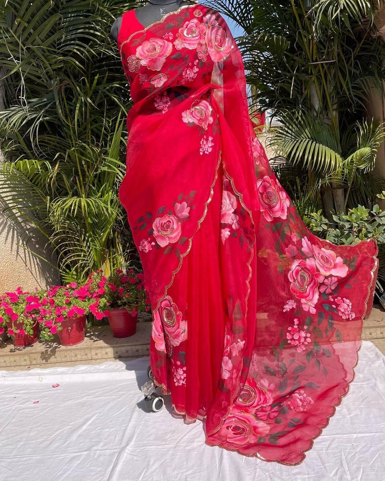 Designer Red Saree With Floral Print And Embroidery Work, Indian Wedding Mehendi Sangeet Bridesmaids Party Wear Saree, Ready To Wear Saree  - INSPIRED