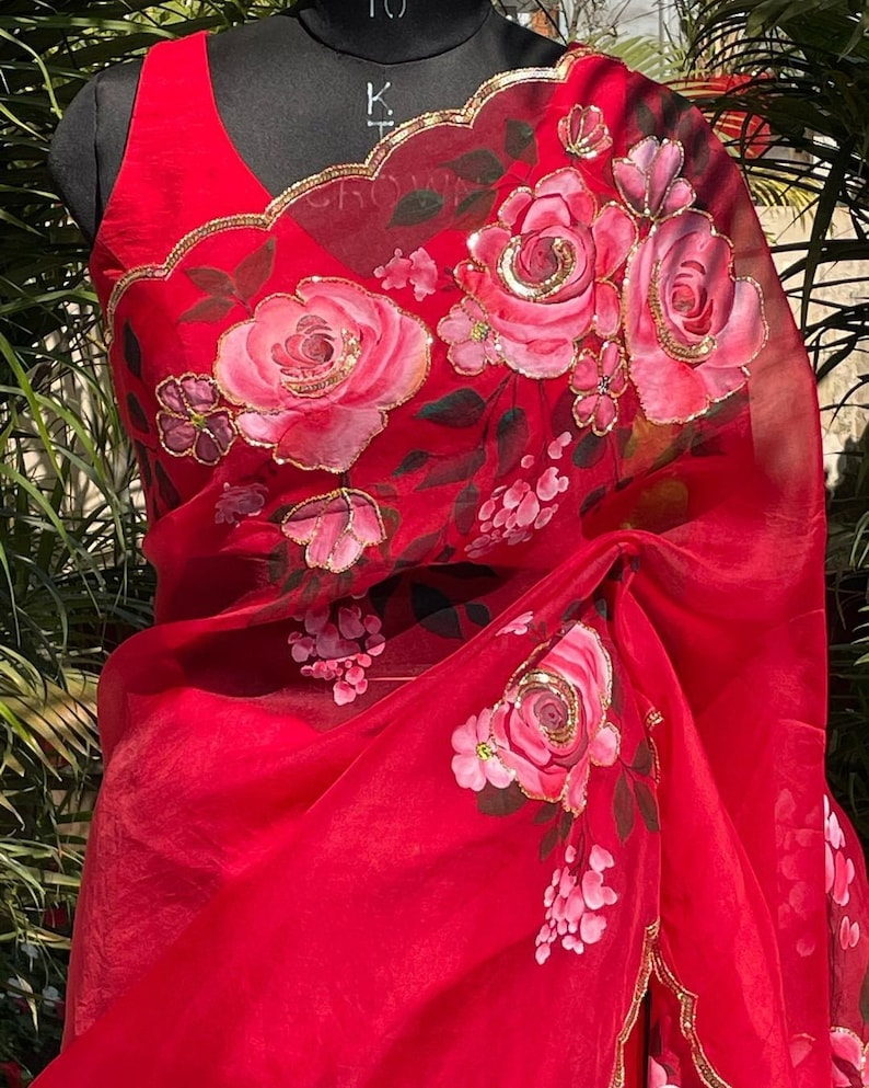 Designer Red Saree With Floral Print And Embroidery Work, Indian Wedding Mehendi Sangeet Bridesmaids Party Wear Saree, Ready To Wear Saree  - INSPIRED