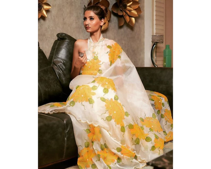 Off White Saree With Yellow Flowers And Embroidery Work, Indian Wedding Mehendi Sangeet Bridesmaids Party Wear Saree, Ready To Wear Saree  - INSPIRED