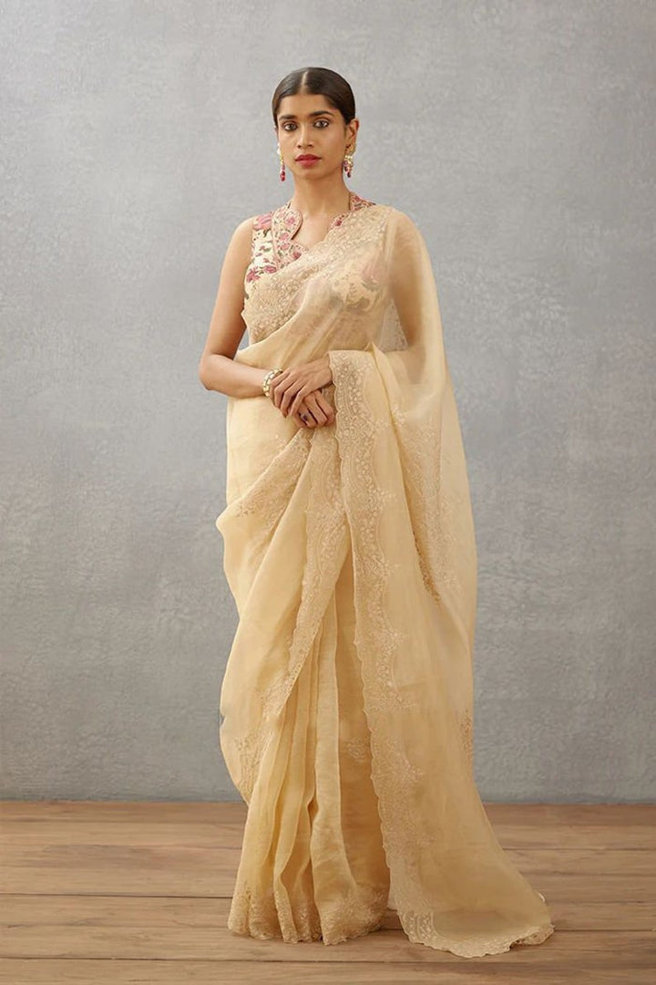 Beige Organza Saree With Floral Printed Blouse, Indian Wedding Mehendi Sangeet Bridesmaids Party Wear Saree, Ready To Wear Saree  - INSPIRED