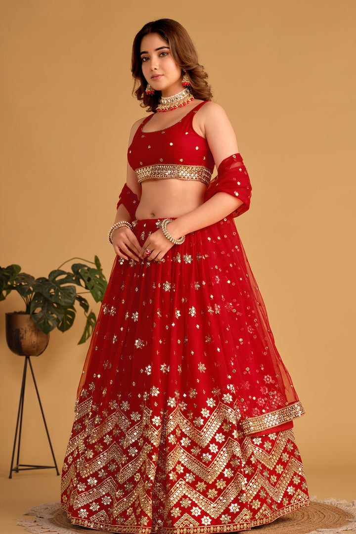 Indian Designer Red Lehenga Choli in Georgette With Sequins Zari Embroidered Work Wedding Lehenga Party Wear Lehenga for women with dupatta  - INSPIRED