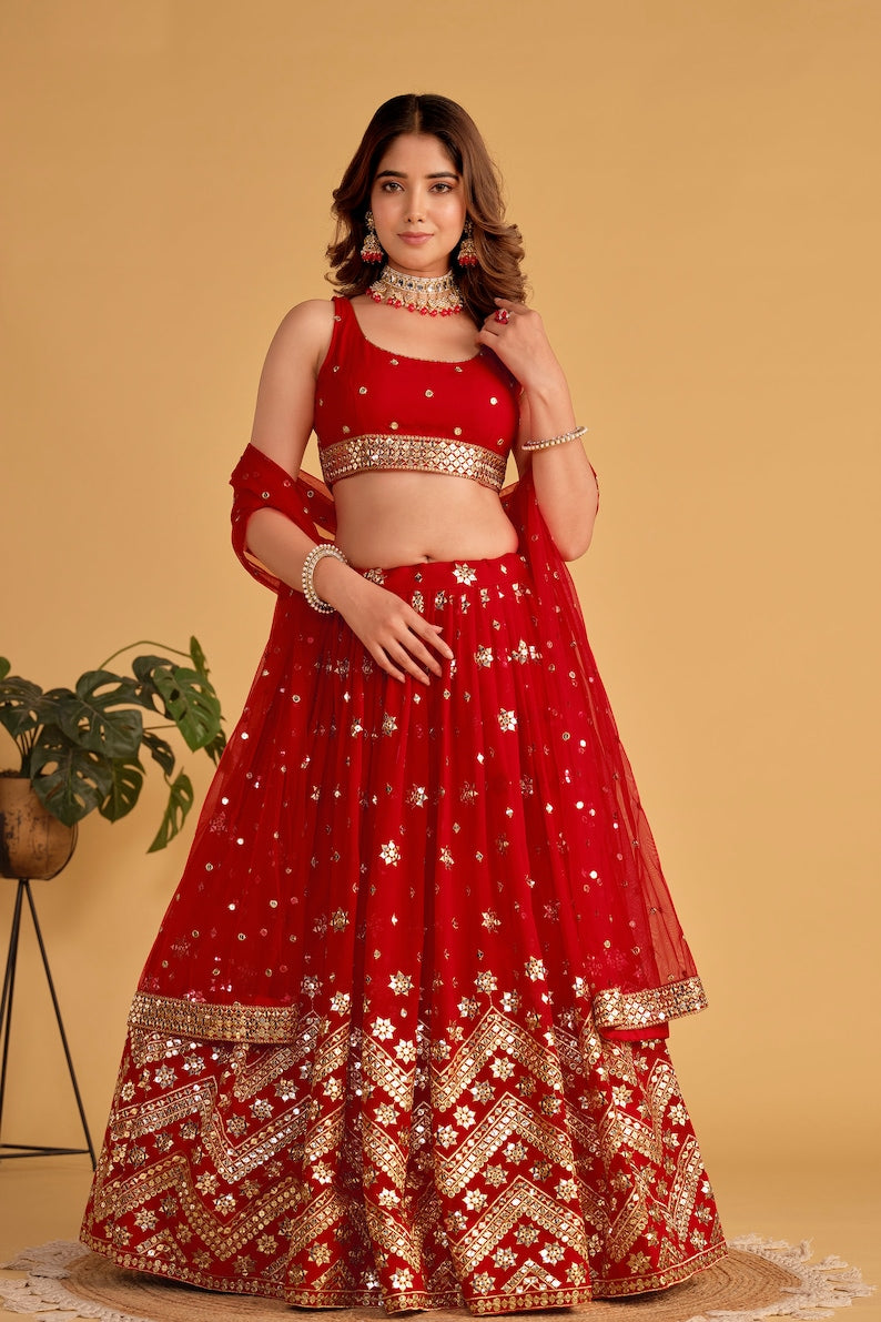 Indian Designer Red Lehenga Choli in Georgette With Sequins Zari Embroidered Work Wedding Lehenga Party Wear Lehenga for women with dupatta  - INSPIRED