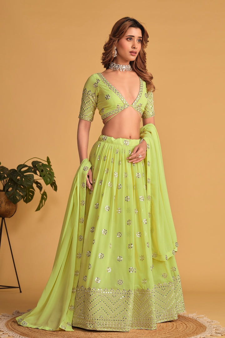 Indian Designer Neon Lehenga Choli in Georgette With Sequins Zari Embroidered Work Wedding Lehenga Party Wear Lehenga for women with dupatta  - INSPIRED