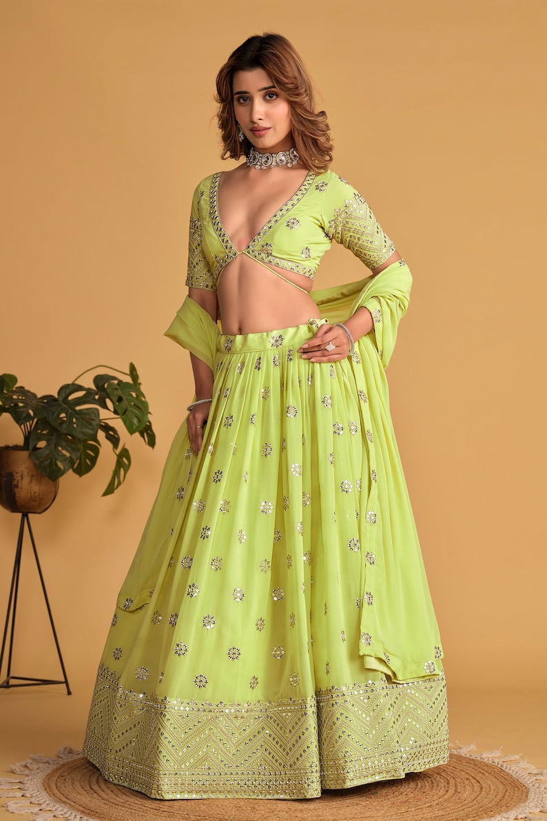 Indian Designer Neon Lehenga Choli in Georgette With Sequins Zari Embroidered Work Wedding Lehenga Party Wear Lehenga for women with dupatta  - INSPIRED