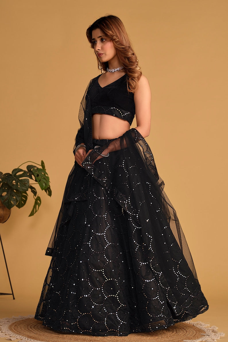 Indian Designer Black Lehenga Choli in Net With Sequins Zari Embroidered Work Wedding Lehenga Party Wear Lehenga for women Black EthnicWear  - INSPIRED