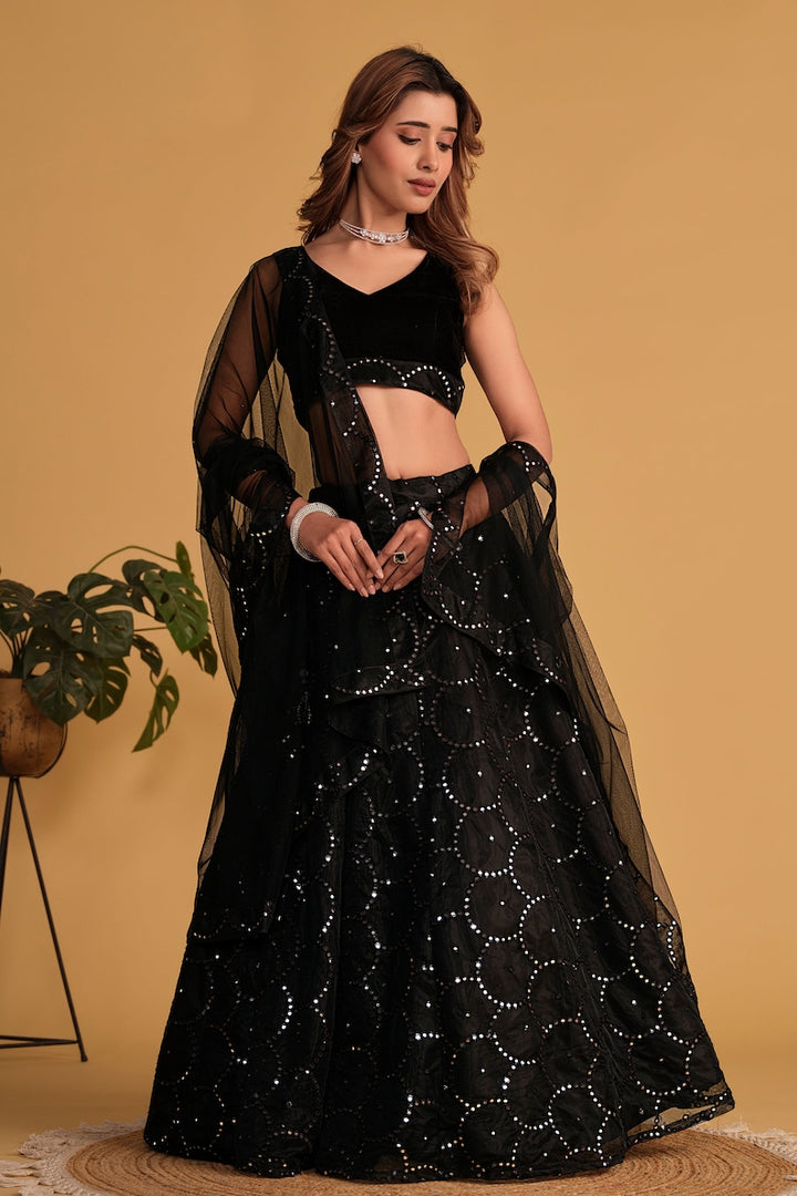 Indian Designer Black Lehenga Choli in Net With Sequins Zari Embroidered Work Wedding Lehenga Party Wear Lehenga for women Black EthnicWear  - INSPIRED