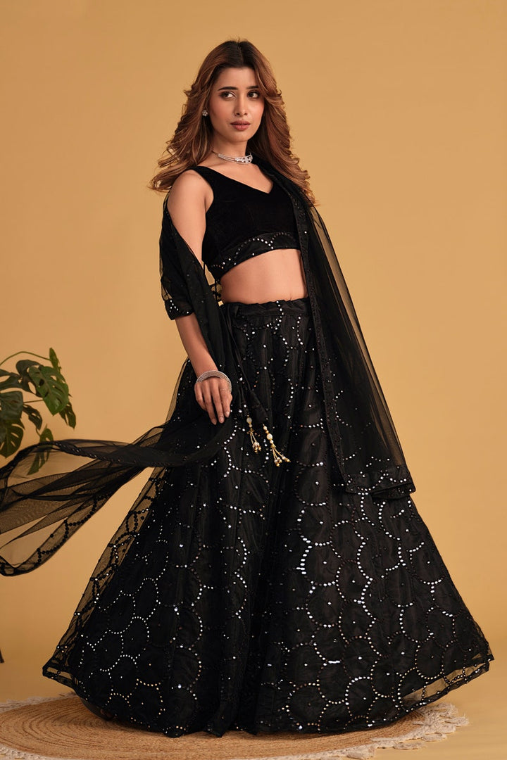 Indian Designer Black Lehenga Choli in Net With Sequins Zari Embroidered Work Wedding Lehenga Party Wear Lehenga for women Black EthnicWear  - INSPIRED