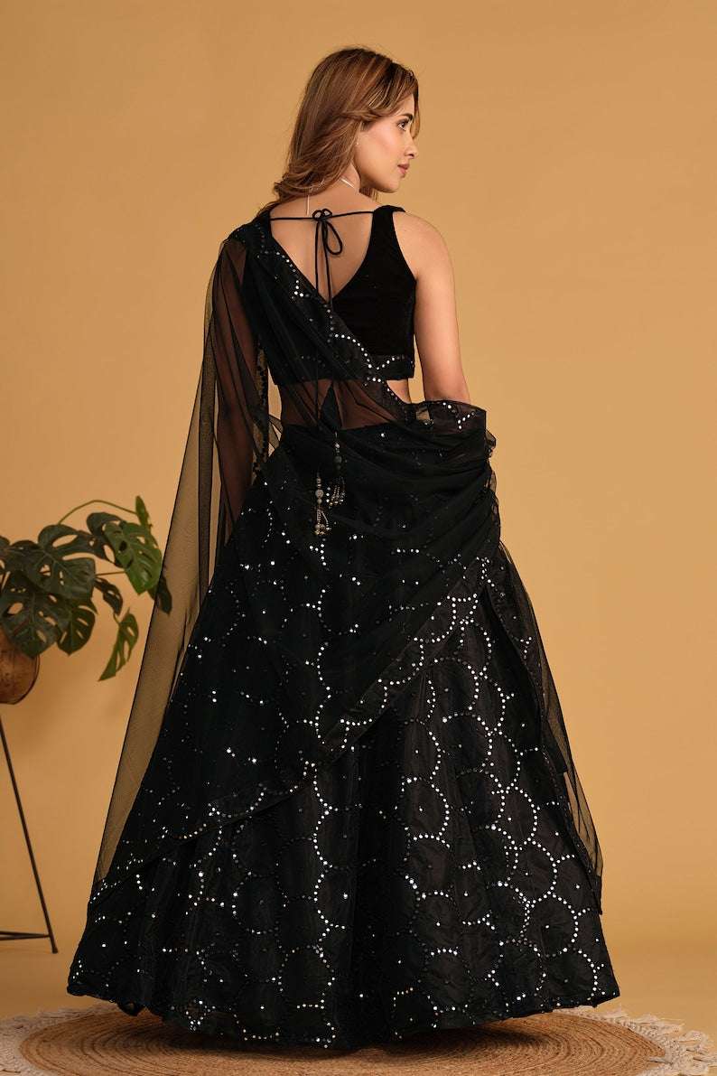 Indian Designer Black Lehenga Choli in Net With Sequins Zari Embroidered Work Wedding Lehenga Party Wear Lehenga for women Black EthnicWear  - INSPIRED