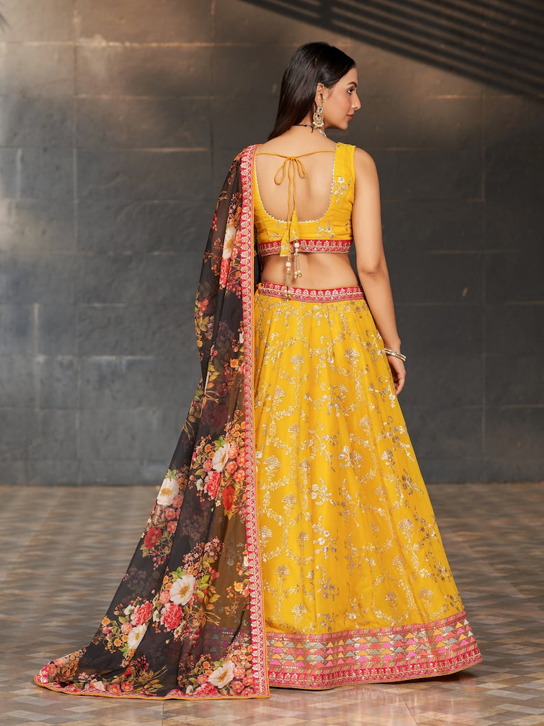 Indian Designer Yellow Black Lehenga Choli  With Zari Sequins Thread Embroidery Work Wedding Lehenga Choli Party Wear Lehenga for girl women - Inspired