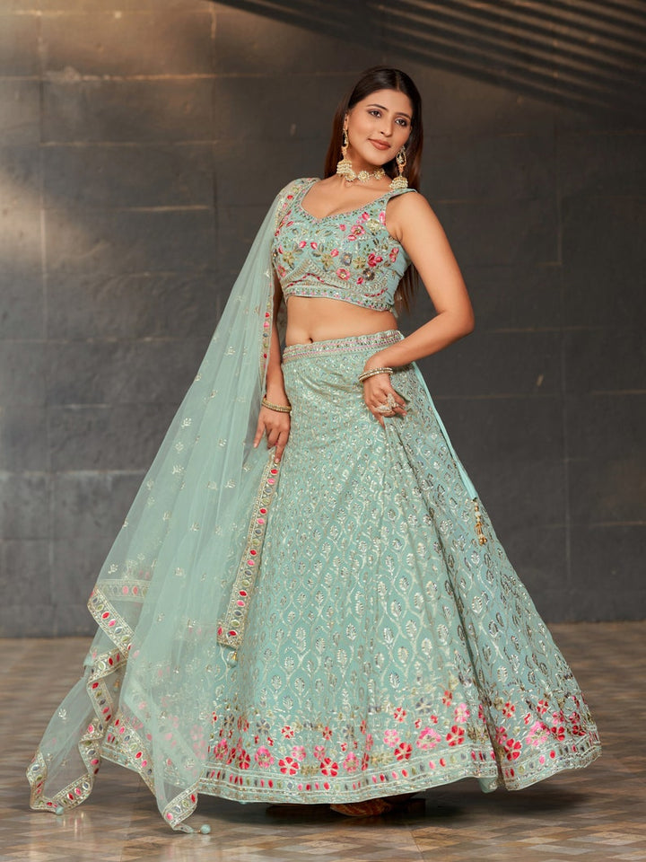 Indian Designer Sky Blue Lehenga Choli  With Zari Sequins Thread Embroidery Work Wedding Lehenga Choli Party Wear Lehenga for girl women  - INSPIRED