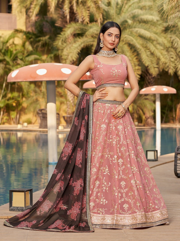 Indian Designer Pink Brown Lehenga Choli  With Zari Sequins Thread Embroidery Work Wedding Lehenga Choli Party Wear Lehenga for girl women  - INSPIRED