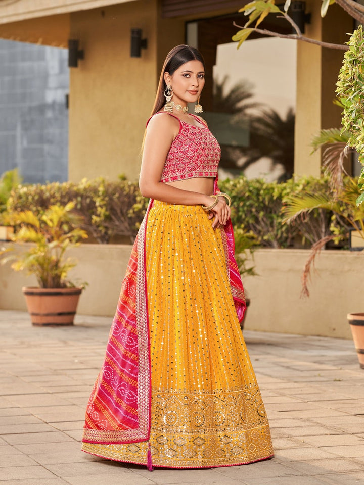 Indian Designer Yellow Pink Lehenga Choli  With Zari Sequins Thread Embroidery Work Wedding Lehenga Choli Party Wear Lehenga for girl women  - INSPIRED