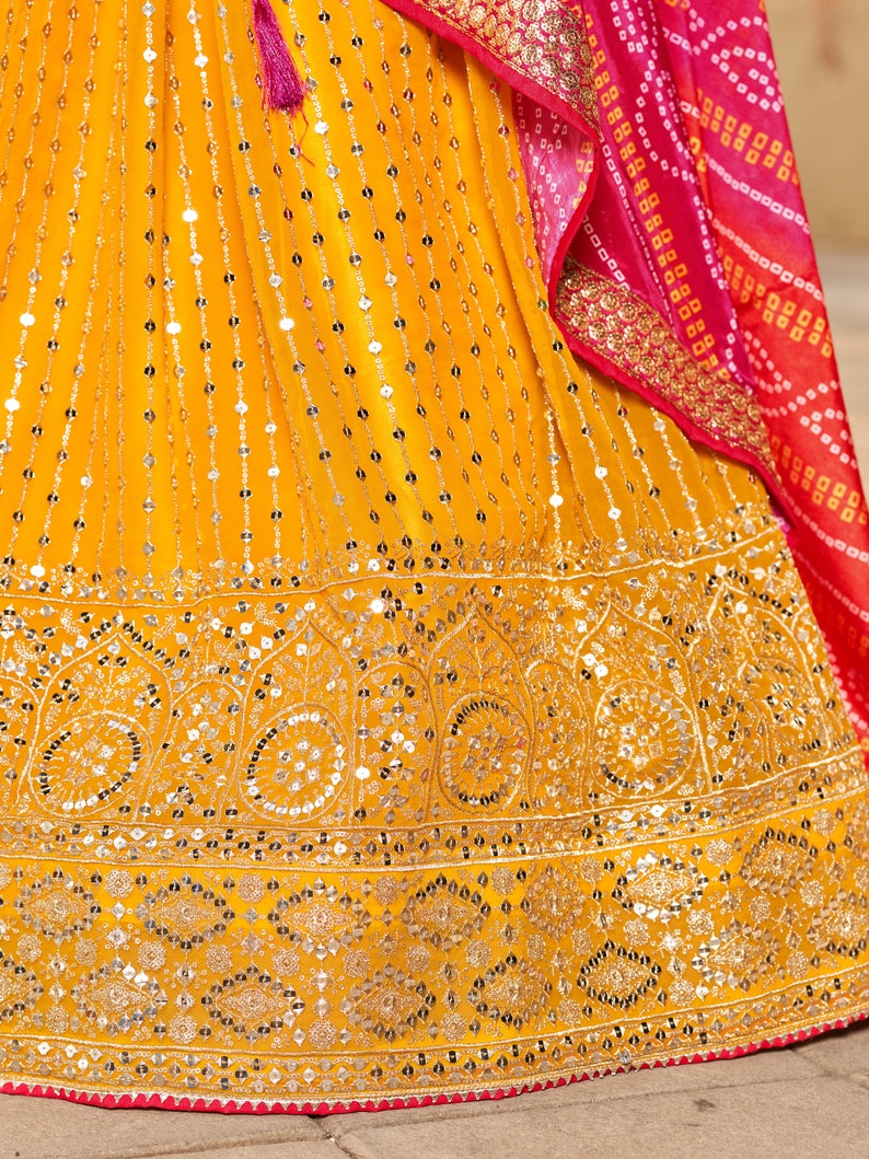 Indian Designer Yellow Pink Lehenga Choli  With Zari Sequins Thread Embroidery Work Wedding Lehenga Choli Party Wear Lehenga for girl women  - INSPIRED