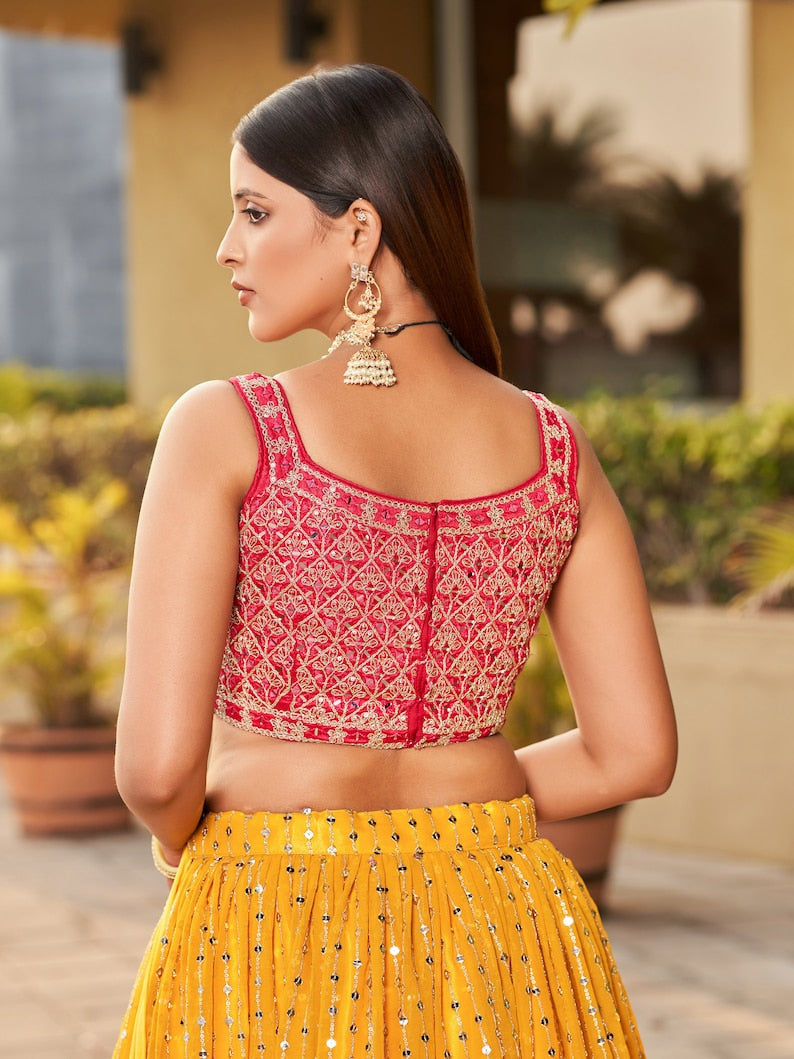 Indian Designer Yellow Pink Lehenga Choli  With Zari Sequins Thread Embroidery Work Wedding Lehenga Choli Party Wear Lehenga for girl women  - INSPIRED