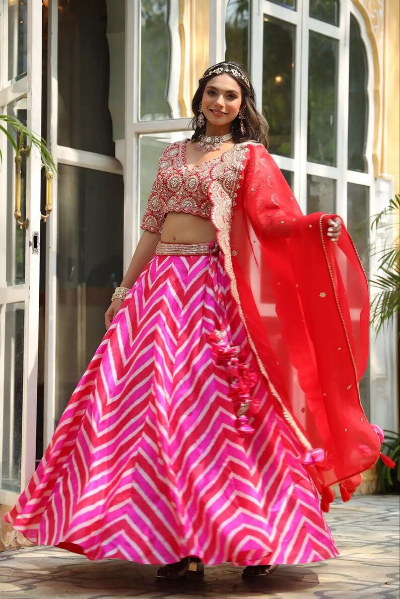 Designer Pink-Red Lehenga Choli In Georgette Embellished With Dori Sequins Embroidery - Inspired