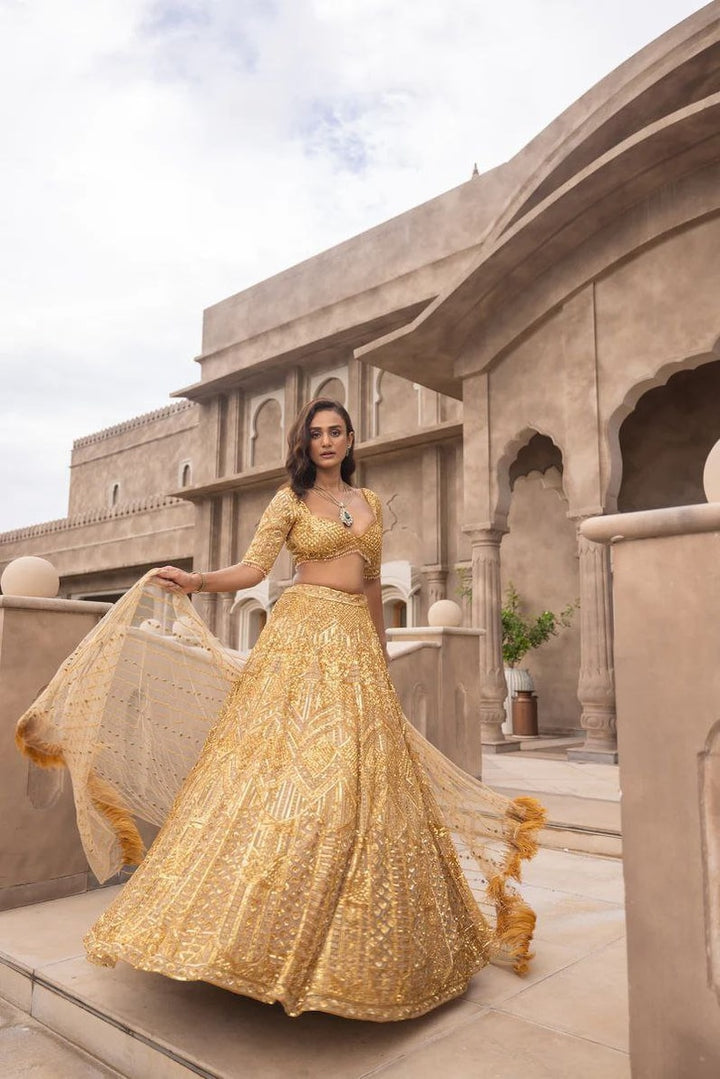 Designer Golden Lehenga Choli In Embellished With Dori Sequins Embroidery Work - Inspired