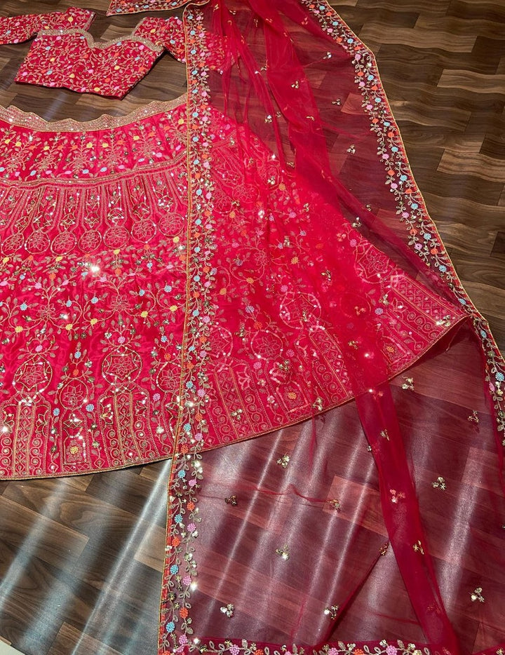 Beautiful pink lehenga choli adorned with intricate thread sequins embroidery work, perfect for weddings, parties, and special occasions, designed for girls with a touch of ethnic elegance and style