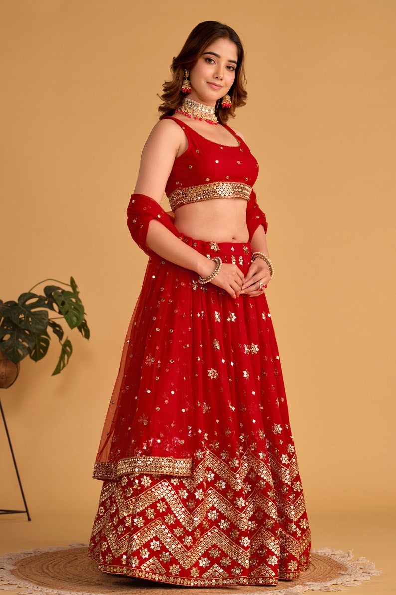 Indian Designer Red Lehenga Choli in Georgette With Sequins Zari Embroidered Work Wedding Lehenga Party Wear Lehenga for women with dupatta  - INSPIRED